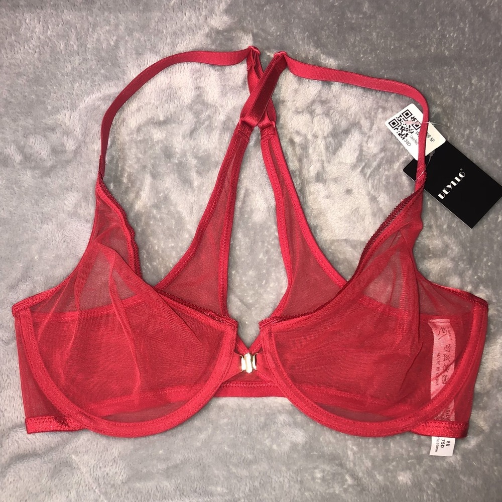 Deyllo Bra Women Size 34D Lava Red Sheer Underwire Front Close Racerback SeeThru